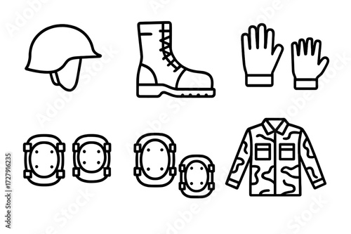 Military Gear Icons. Outline icon set of military gear: helmet, combat boots, gloves, tactical belt, knee pads, elbow pads, camouflage uniform, ballistic