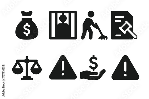 Legal Sanctions Icons. Solid, filled icon set of legal sanctions: fine, imprisonment, community service, probation, injunction, penalty, compensation, warning.