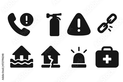 Crisis Icons Grid. Solid, filled icon set of crisis situations: emergency phone, warning triangle, fire extinguisher, broken chain, flood, earthquake, siren,