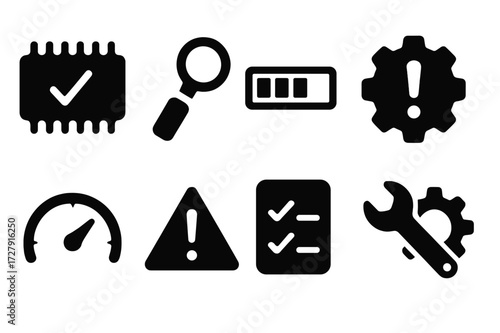 Memory Diagnostics Icons. Solid, filled icon set of memory testing and diagnostics: memory test icon, scan tool, loading bar, troubleshooting gear, progress