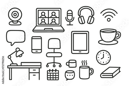 Doodle Video Conferencing Icons. Hand-drawn doodle illustration Video conferencing webcam, laptop, microphone, headphones, smartphone, tablet, wifi symbol,