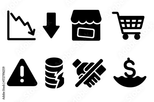 Market Failure Icons. Solid, filled icon set of market failure: crashed stock chart, red downward arrow, closed store, empty shopping cart, warning sign,