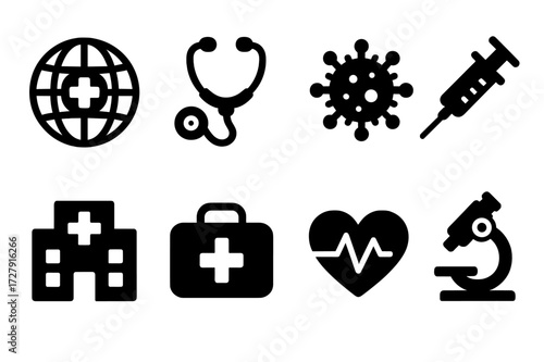 Global Health Icons. Solid, filled icon set of global health: medical cross on globe, stethoscope, virus icon, vaccine syringe, hospital, first aid kit, heart