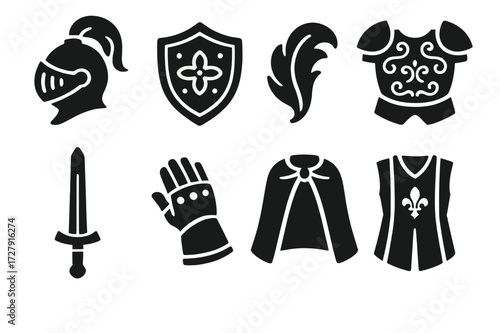 Ceremonial Armor Icons. Solid, filled icon set of ceremonial armor: ornamental helmet, decorative shield, plume, engraved breastplate, ceremonial sword,