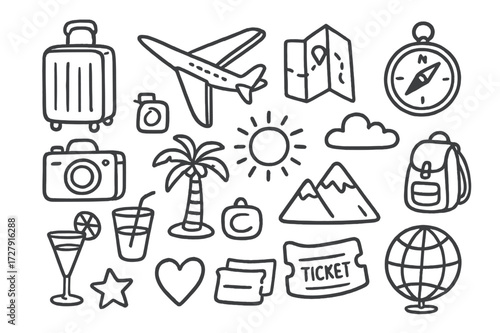 Travel Icons Doodle. Hand-drawn doodle illustration Flat + 3D hybrid style travel icons [suitcase, airplane, map, compass, camera, palm tree, sun, cloud,