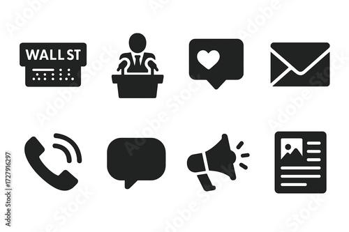 Wall Street Communication Icons. Solid, filled icon set of Wall Street communication: news ticker, press conference, social media, email, phone call, chat