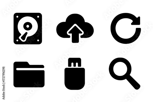 Data Recovery Icons. Solid, filled icon set of data recovery: hard drive, cloud upload, shield with check, refresh symbol, file folder, USB drive, lock,