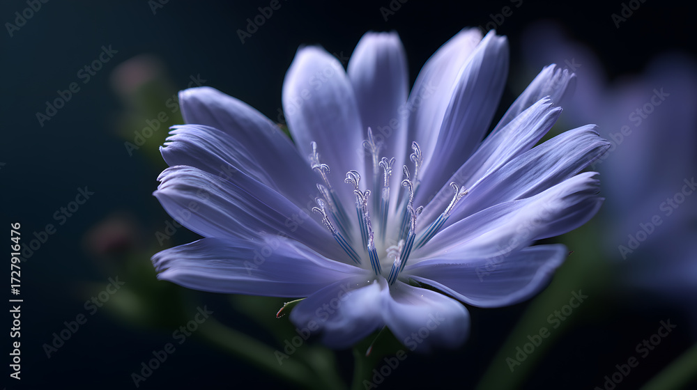 Fototapeta premium Chicory's Gentle Beauty: Delicate blue chicory flower blossoms gracefully, showcasing a vivid display of nature's intricate art. Its petals radiate with a captivating charm.