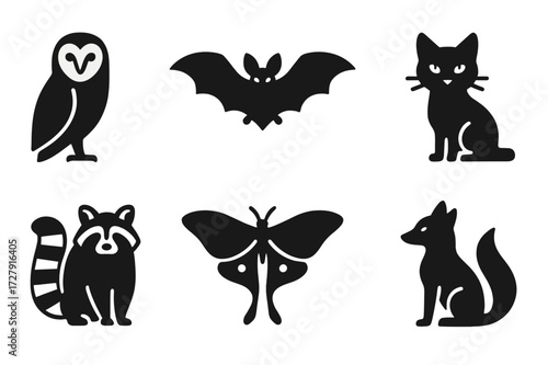 Nocturnal Familiars Icons. Solid, filled icon set of nocturnal familiars: barn owl, bat, black cat, raccoon, luna moth, nightjar, firefly, dark fox. Solid,