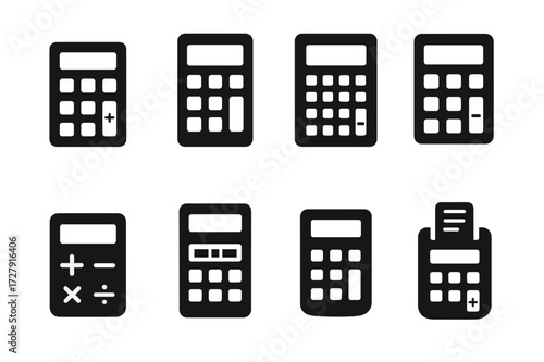Calculator Icon Set. Solid, filled icon set of calculator types: basic calculator, scientific calculator, financial calculator, desktop calculator, calculator