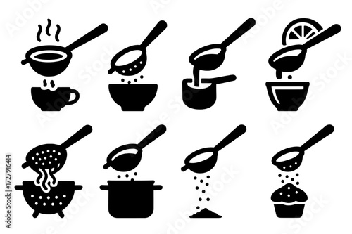 Strainer Icon Set. Solid, filled icon set of strainer kitchen uses: tea straining, flour sifting, sauce straining, juice filtering, pasta draining, broth