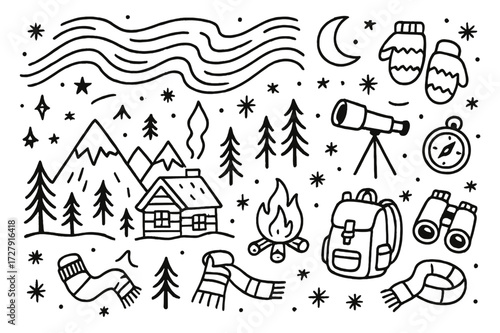 Northern Lights Adventure. Hand-drawn doodle illustration Aurora borealis mountain peaks, pine trees, night sky, stars, moon, northern lights waves,