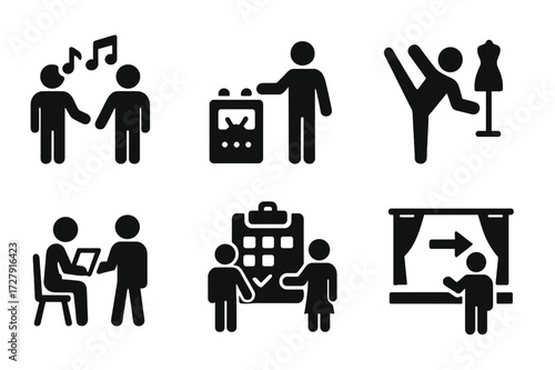 Performance Prep Icons. Solid, filled icon set of performance preparation: rehearsal, soundcheck, warm-up, costume fitting, script reading, choreography