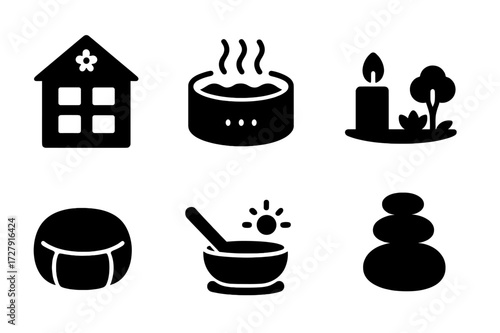 Soothing Icon Set. Solid, filled icon set of soothing touch settings: spa room, hot tub, candlelight, tranquil garden, meditation cushion, sound bowl, nature