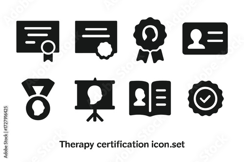 Therapy Certification Icons. Solid, filled icon set of therapy certifications: diploma, certificate, badge, license, award, training, education, accreditation.
