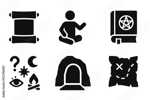 Riddle Storytelling Icons. Solid, filled icon set of riddle storytelling: ancient scroll, storyteller, campfire, enchanted book, mystical symbols, hidden cave,