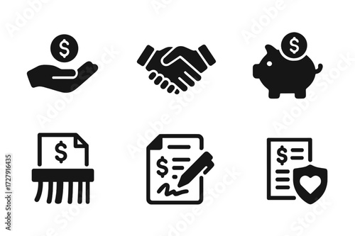 Financial Aid Icons. Solid, filled icon set of financial aid: helping hand, money support, handshake, piggy bank with coin, debt paper shredder, contract