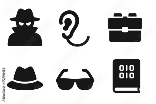 Secret Agent Icons. Solid, filled icon set of secret agents: spy silhouette, earpiece, briefcase, binoculars, fedora hat, sunglasses, secret file, codebook.