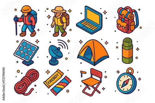 Isometric Survival Icons. Survival workspace. Colorful isometric vector icons set of Survival workspace: mountaineer, desert hiker, laptop, backpack, solar