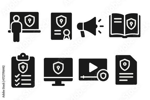 Cybersecurity Education Icons. Solid, filled icon set of cybersecurity education: training, certification, awareness campaign, manual, checklist, webinar,