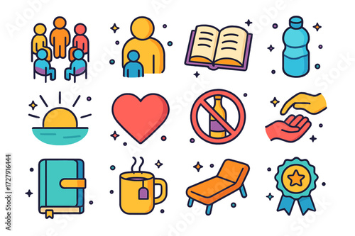 Addiction Recovery Icons. Addiction recovery. Colorful isometric vector icons set of addiction recovery: group circle, sponsor figure, open book, water bottle,