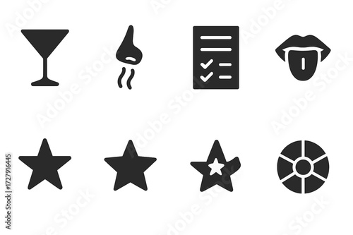 Martini Tasting Icons. Solid, filled icon set of martini tasting and aroma: tasting glass, aroma waves, nose sniffing, flavor notes, score sheet, palate,