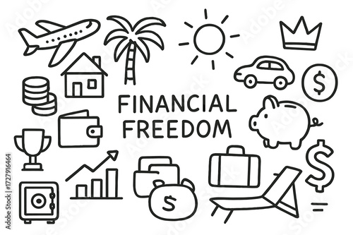 Financial Freedom Icons. Hand-drawn doodle illustration financial freedom airplane, palm tree, sun, house, car, wallet, coin stack, piggy bank, dollar sign,
