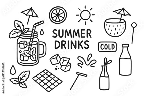 Summer Drink Doodles. Hand-drawn doodle illustration Summer Drinks mason jar, straw, umbrella, ice cubes, mint sprig, lemon wheel, condensation drop, cold
