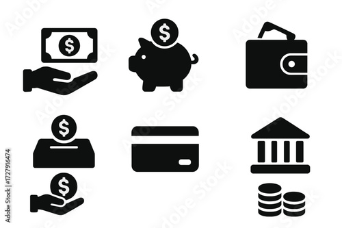 Financial Icon Set. Solid, filled icon set of financial support: money handover, piggy bank with coin, wallet with cash, donation box, credit card, bank