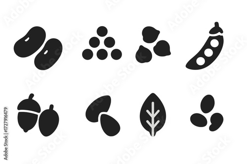 Plant Protein Icons. Solid, filled icon set of plant proteins: beans, lentils, chickpeas, soybeans, peas, nuts, seeds, quinoa. [Line icons in only black color.