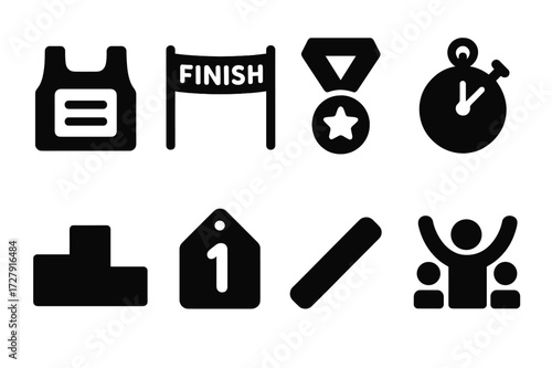 Jogging Icons Collection. Solid, filled icon set of jogging competition: race bib, finish line, medal, stopwatch, podium, number tag, relay baton, cheering