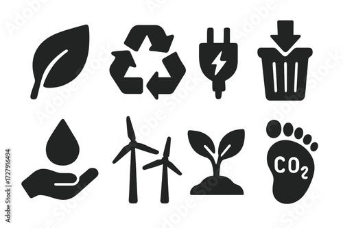 Eco Icon Grid. Solid, filled icon set of can environmental impact and sustainability: eco leaf, recycling symbol, green energy, waste reduction,