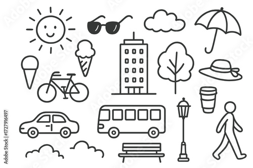 Summer City Doodles. Hand-drawn doodle illustration summer city life sun, sunglasses, ice cream, bicycle, car, tree, tall building, bus, bench, streetlamp,