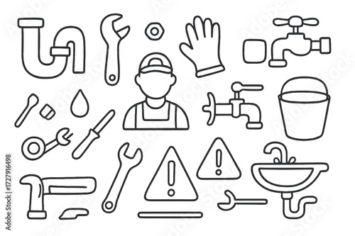 Plumber's Tools Doodle. Hand-drawn doodle illustration pipe maintenance P-trap, adjustable wrench, nut, bolt, valve, gloves, plumber icon, bucket, water