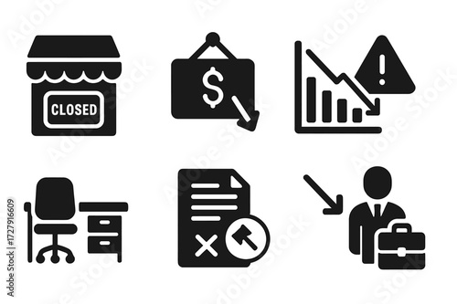 Business Insolvency Icons. Solid, filled icon set of business insolvency: closed shop, bankrupt sign, empty office, cancelled contract, legal notice, chart