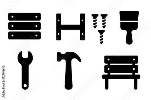 Bench Construction Icons. Solid, filled icon set of bench construction: wooden planks, metal frame, screws, paintbrush, wrench, saw, hammer, bench assembly.