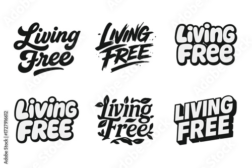 Living Free Lettering Variations. Living Free. Set lettering. harmonious lettering variations of the same emblematic concept (Bold hand-lettering with playful