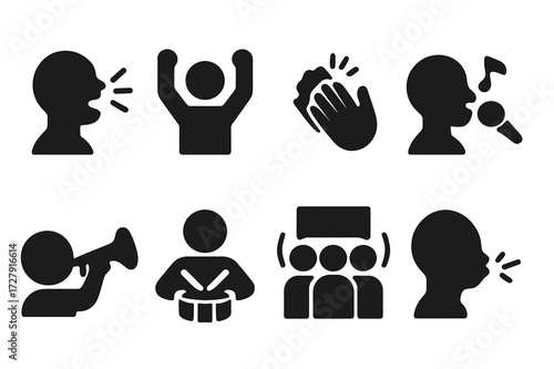Loud Actions Icon Set. Solid, filled icon set of loud actions: shouting, cheering, clapping, singing, playing trumpet, drumming, chanting, whistling. Solid,