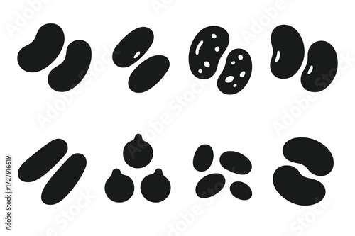 Bean Icon Grid. Solid, filled icon set of bean types: kidney beans, navy beans, pinto beans, black beans, cannellini beans, garbanzo beans, mung beans, lima