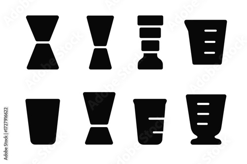 Jigger Icon Collection. Solid, filled icon set of jigger types: double-sided jigger, single-sided jigger, adjustable jigger, measuring cup, shot glass, metal
