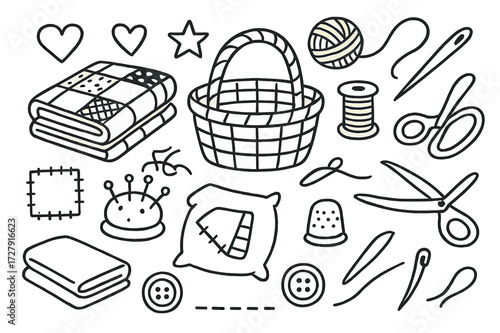 Quilting Essentials Doodle. Hand-drawn doodle illustration Quilting basket basket, folded quilt, yarn ball, thread spool, needle, scissors, thimble, button,