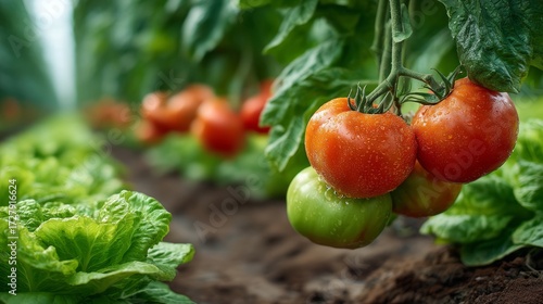 Fresh Red Tomatoes and Green Lettuce in a Lush Vegetable Garden Scene