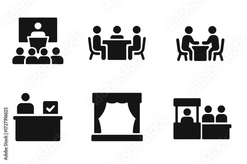 Conference Venue Icons. Solid, filled icon set of conference venues: auditorium, meeting room, conference hall, breakout room, reception, stage, booth,