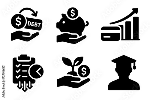 Financial Recovery Icons. Solid, filled icon set of financial trouble recovery: debt repayment, savings rebuild, credit repair, income increase, expense