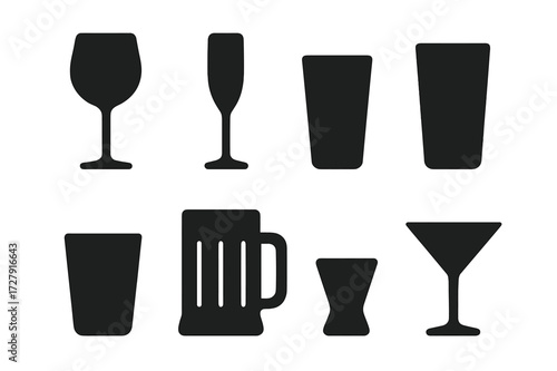Glassware Icon Set. Solid, filled icon set of glassware: wine glass, champagne flute, water glass, highball glass, tumbler, beer mug, shot glass, cocktail