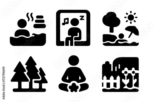 Relief Environments Icons. Solid, filled icon set of relief environments: spa, quiet room, nature park, beach, forest, meditation room, garden, waterfall.