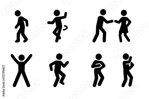 Dance Moves Icons. Solid, filled icon set of dance floor moves: moonwalk, spin move, breakdance pose, salsa step, jumping jack, shuffle, hip hop stance, dip