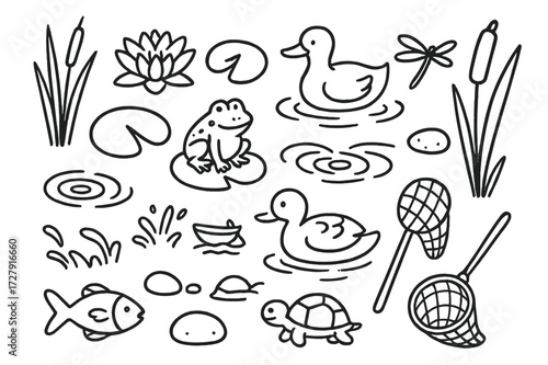 Pond Life Doodles. Hand-drawn doodle illustration [Decorative pond] [lotus flower, water lily, lily pad, duck, frog, fish, turtle, dragonfly, reeds, cattail,