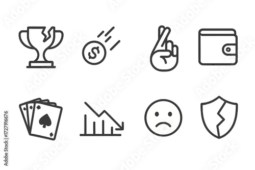 Icons of Loss. Outline icon set of losing scenarios: broken trophy, falling coin, empty wallet, crossed fingers, losing hand of cards, downward arrow, sad