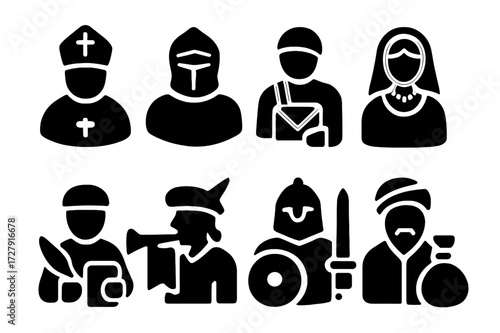 Medieval Icons Set. Solid, filled icon set of lord?s advisors and allies: bishop, knight, messenger, noblewoman, scribe, herald, warrior, merchant. Solid,